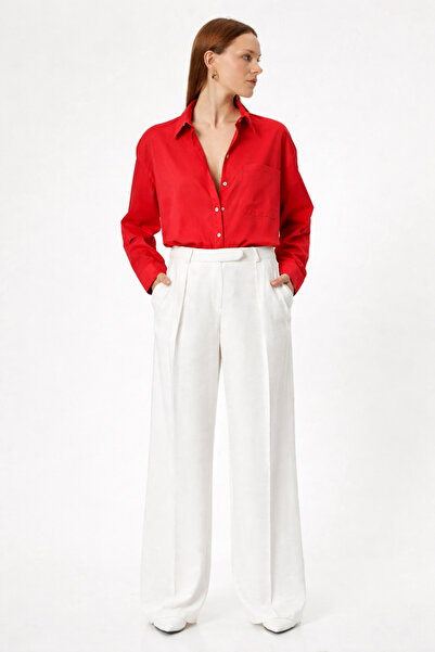 RAMİOR COLLECTION Women's Red Linen Shirt – Comfortable Fit, Long Sleeves, Buttoned Basic Model