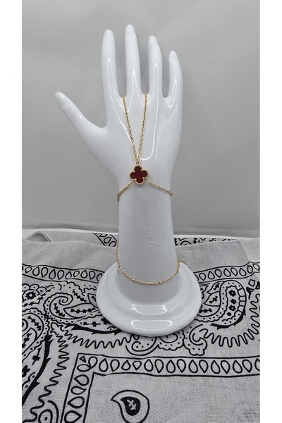 NO NAME Stainless Steel Gold Color Clover Model Burgundy Zircon Stone Shahmeran