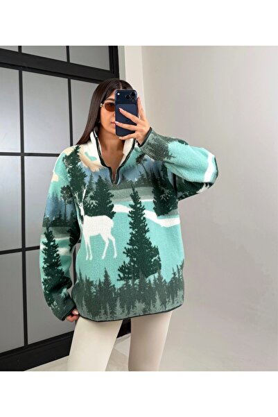 Mars Yarım Fermuarlı Geyik Desenli Oversize Peluş Polar Sweatshirt