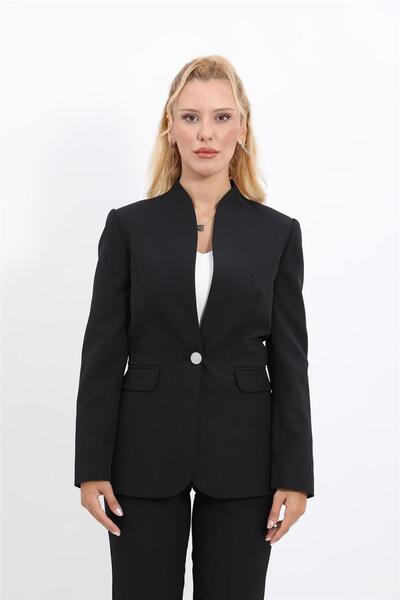 ÖNDER ÖZSOY ياقة مرتفعة متوسطة الطول سترة نسائية كلاسيكية بزر واحد - أسود