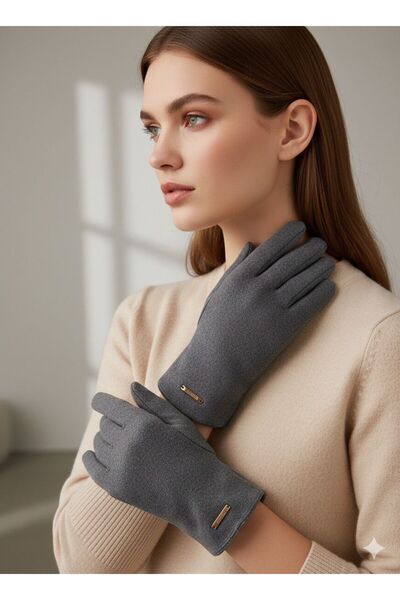 Şirin Giyim Aksesuar Kaşe Eldiven Kadın - Kışlık Lüks Metal Fashion Detay Telefon Dokunmatikli