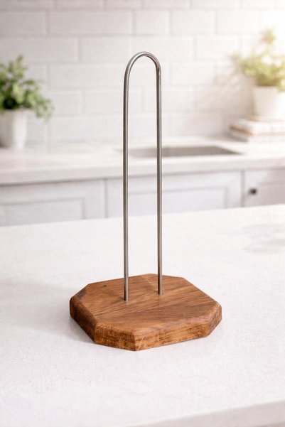 MAVİ TREND Decorative Metal Paper Towel Holder with Wooden Base (26 cm) - Kitchen Napkin Holder Stand