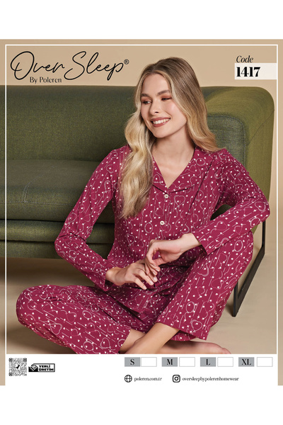Over Sleep by Poleren Mürdüm Renkli Gömlek Yaka Uzun Kollu Kadın Pijama Takımı