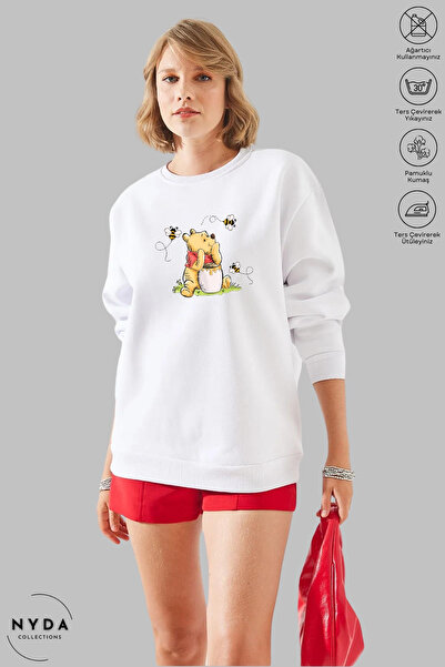 Nyda Collections Unisex Uzun Kollu Winnie The Pooh Baskılı Bisiklet Yaka Kapü...