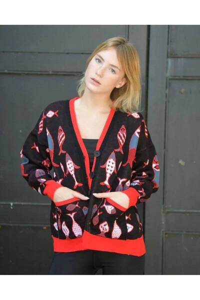 Cannes Women's Fish Patterned Black Knitwear Cardigan