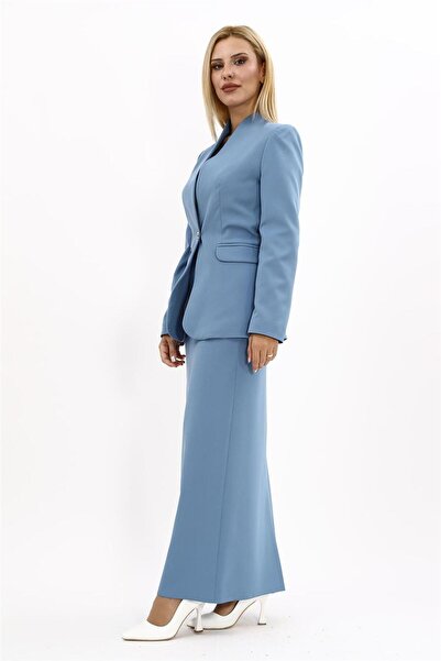 ÖNDER ÖZSOY ياقة مرتفعة متوسطة الطول بدلة نسائية كلاسيكية بزر واحد وتنورة قلم...