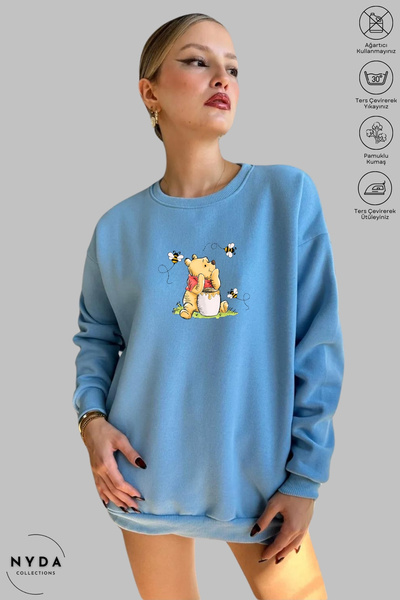 Nyda Collections Unisex Uzun Kollu Winnie The Pooh Baskılı Bisiklet Yaka Kapü...