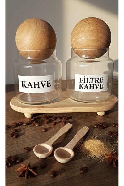 ÖZ HOME 2-Piece Glass Coffee Jar with Wooden Ball Lid and Stand 635 ml