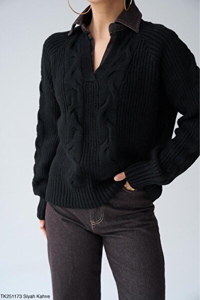Lupies Women's Collared Denim Detailed Knit Sweater