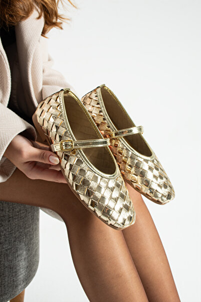 dabab shoes Elvia Women's Knitted Textured Ankle Strap Buckle Mary Jane Flat Shoes Gold Ballet Flats