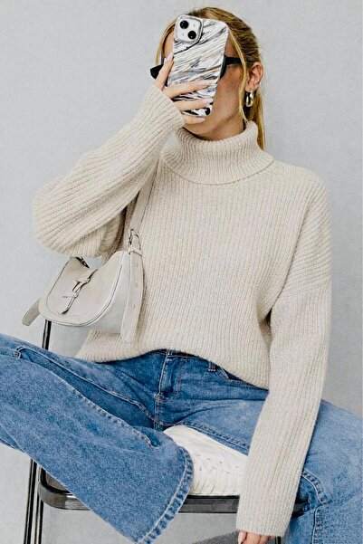 YUGA KNİTTİNG Women's Thessaloniki Knitted Turtleneck Oversized Basic Sweater