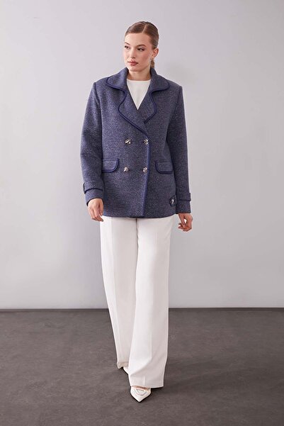 Levidor Navy Blue Double-Breasted Stripe Cashmere Jacket