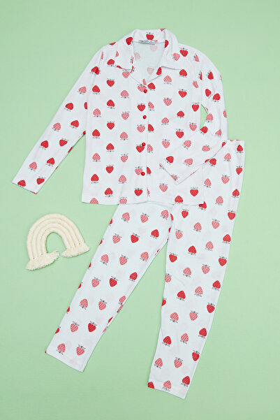 Fulla Moda Strawberry Patterned Polo Neck Girls' Pajama Set