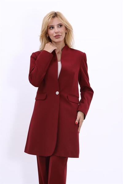 ÖNDER ÖZSOY Mock Neck Long Hijab Women's Jacket-Burgundy