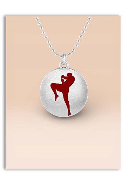 Mia Aurora قلادة فضية مستديرة مع تمثال لاعب فنون قتالية أحمر - سلسلة كرات للج...