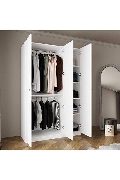 Bimossa KB8040 GOSS 135 cm Modern Beyaz Kapaklı Gardırop, 3 Kapaklı, 2 Askılı...