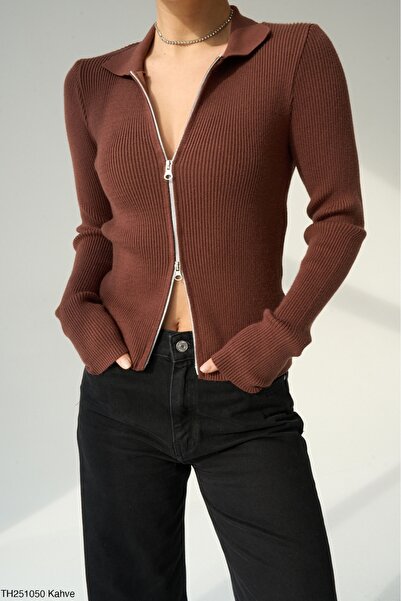 Lupies Women's Polo Neck Double Zipper Knitwear Cardigan