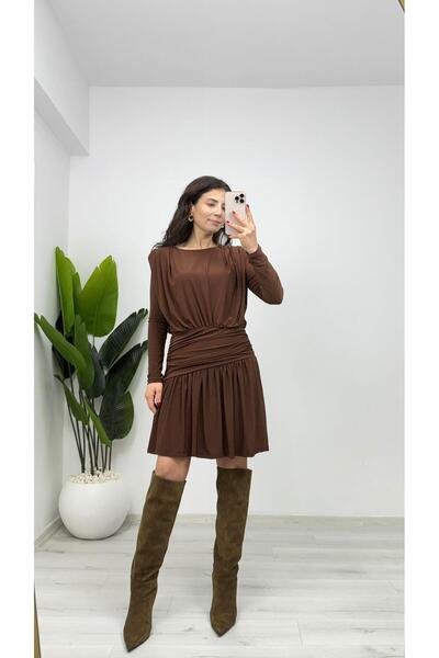 TUNAM BUTİK 1112 Sandy Draped Mini Dress Brown