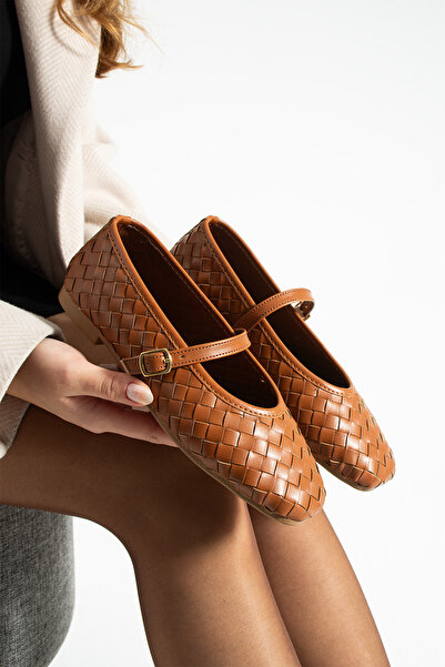 dabab shoes Elvia Tan Women's Knitted Textured Ankle Strap Buckle Mary Jane Flat Shoes Ballet Flats