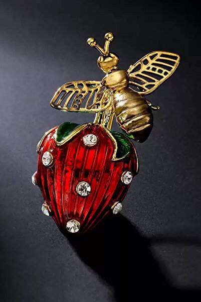 TAKIŞTIR Çilek Figürlü Taşlı Broş