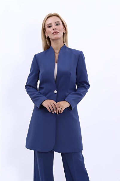 ÖNDER ÖZSOY Mock Neck Long Hijab Women's Jacket-Indigo