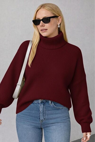 YUGA KNİTTİNG Women's Thessaloniki Knitted Turtleneck Oversized Basic Sweater
