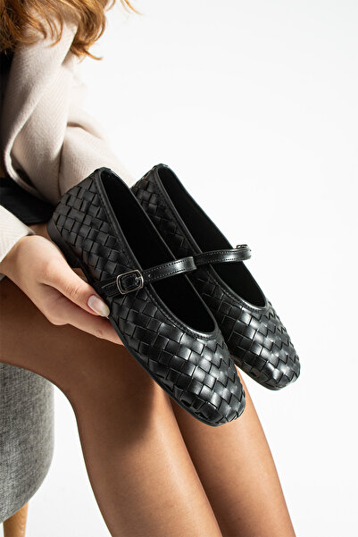 dabab shoes Elvia Black Women's Knitted Textured Ankle Strap Buckle Mary Jane Flat Shoes Ballet Flats