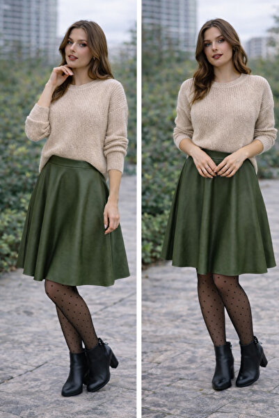 Gugus Women's Fur-Lined Knee-Length Faux Leather Flare Skirt