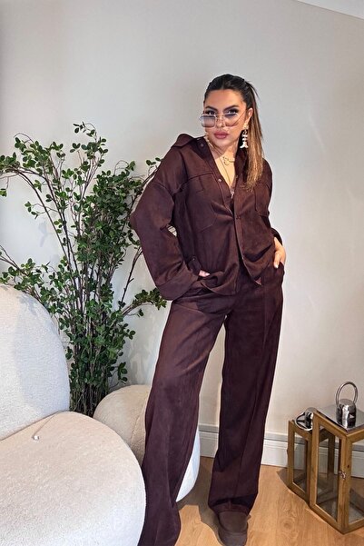 Sohotique By P Back Waist Elasticated Leatherette Wide Leg Trousers Bitter Brown