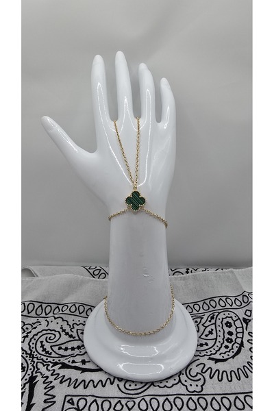 NO NAME Stainless Steel Gold Color Clover Model Large Green Zircon Stone Şahm...