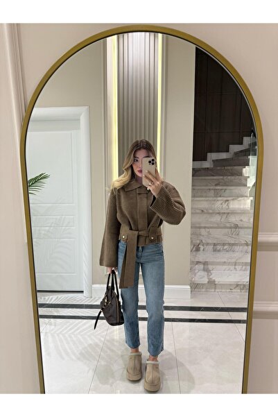 CKBUTİK Vizon Fermuarlı Kemerli Düğmeli Yünlü Triko Hırka -60988