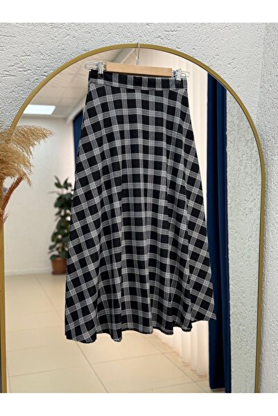 BENAHOLL Gülfer Waist Tightening Zippered Plaid Flared Skirt-Ek716.3 Black