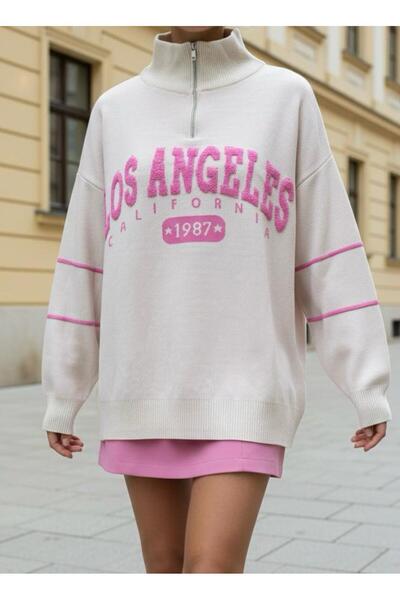 Maysev Turtleneck Los Angeles Slogan Printed Balloon Sleeve Off Shoulder Over...