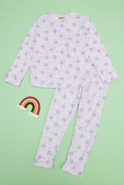 Fulla Moda Σετ πιτζάμες για κορίτσια με λουλουδάτο σχέδιο με λαιμόκοψη από φλις