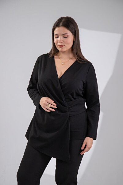 Roxxlen Plus Size Women's Double-Breasted Detailed Blouse Black