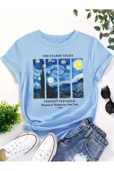 Trendy Sun The Starry Night baskılı şık unisex OVERSİZE tişört. .Sanat severl...