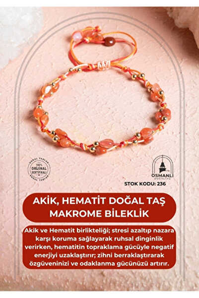 OSMANLI DOĞAL TAŞ Certified Agate, Hematite Natural Stone Macrame Bracelet (S...