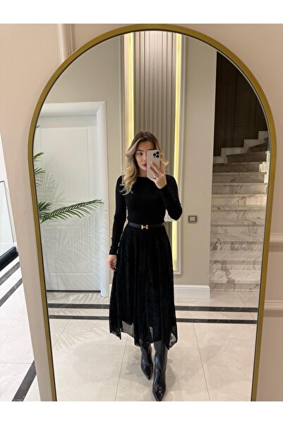 CKBUTİK Siyah Kendinden Desenli Etek-1136