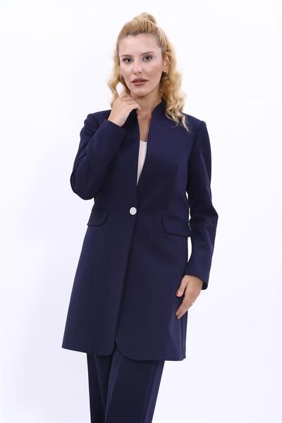 ÖNDER ÖZSOY Mock Neck Long Hijab Women's Jacket-Navy Blue