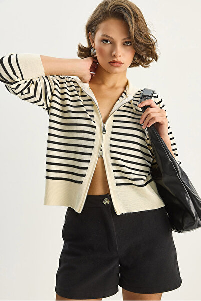 Bianco Lucci Women's Striped Hooded Double Zipper Basic Cardigan 20246865