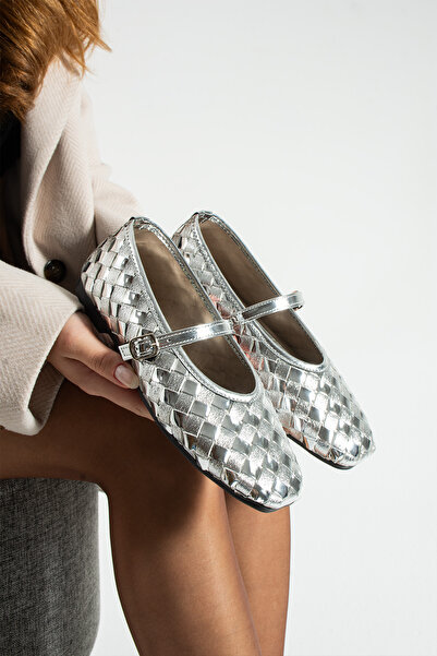 dabab shoes Elvia Silver Women's Knitted Textured Ankle Strap Buckle Mary Jane Flat Shoes Ballet Flats