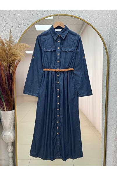 MİHRA STORE Halasya Elastic Waist Folded Sleeve Straw Belt Dress-Xe3041 Denim...