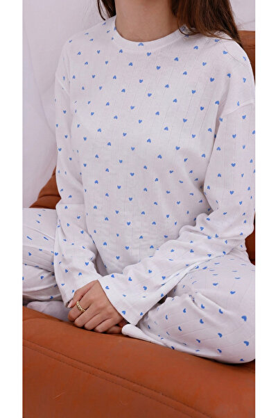 Arvin Pijama Women's Heart Patterned Soft Tuştu Texture Corded Fabric Winter Cotton Comfortable Fit Long Sleeve Pajama Set
