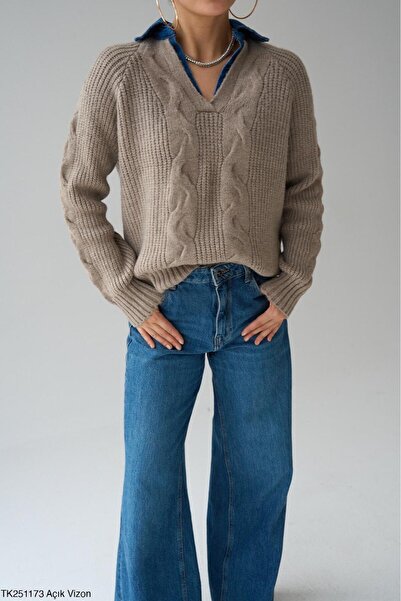 Lupies Women's Collared Denim Detailed Knit Sweater