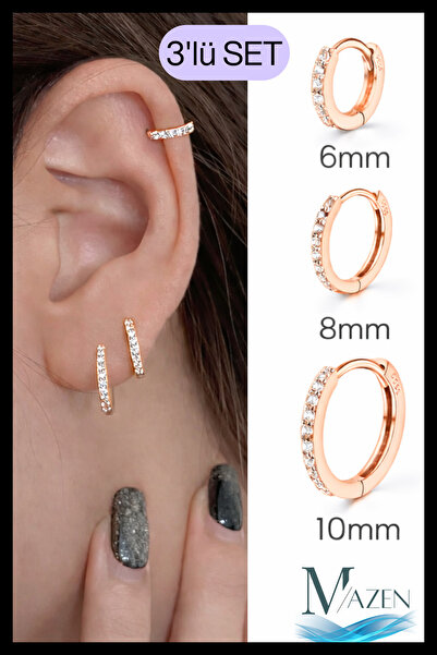 MAZEN Non-Tarnish Minimal Zircon Stone Hoop Piercing Earrings Set of 3 |   6-8-10 mm |   Rose