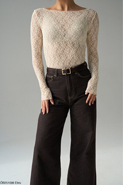 Lupies Women's Brown Wide Neckline Transparent Lace Blouse