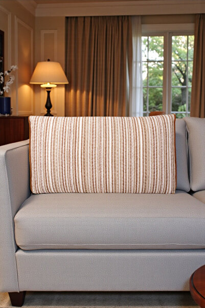 AYPETEKS Kremit, Bej, Beyaz Çizgili Ketenli Mat Kadife Kutu Model Kırlent Kılıfı