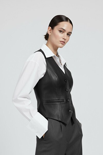 Deriderim Carla Black Genuine Leather Women's Vest