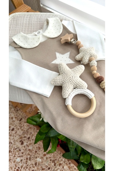 Happy Moon Bebek giyim unisex hediyelik salopet body müslin çıngırak emzik as...