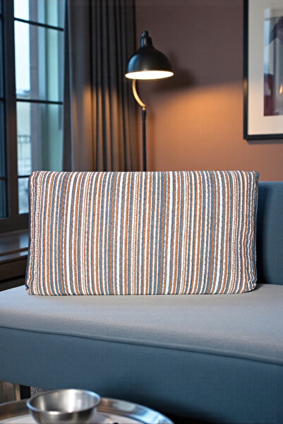 AYPETEKS Kremit, Mavi, Beyaz Çizgili Ketenli Mat Kadife Kutu Model Kırlent Kı...